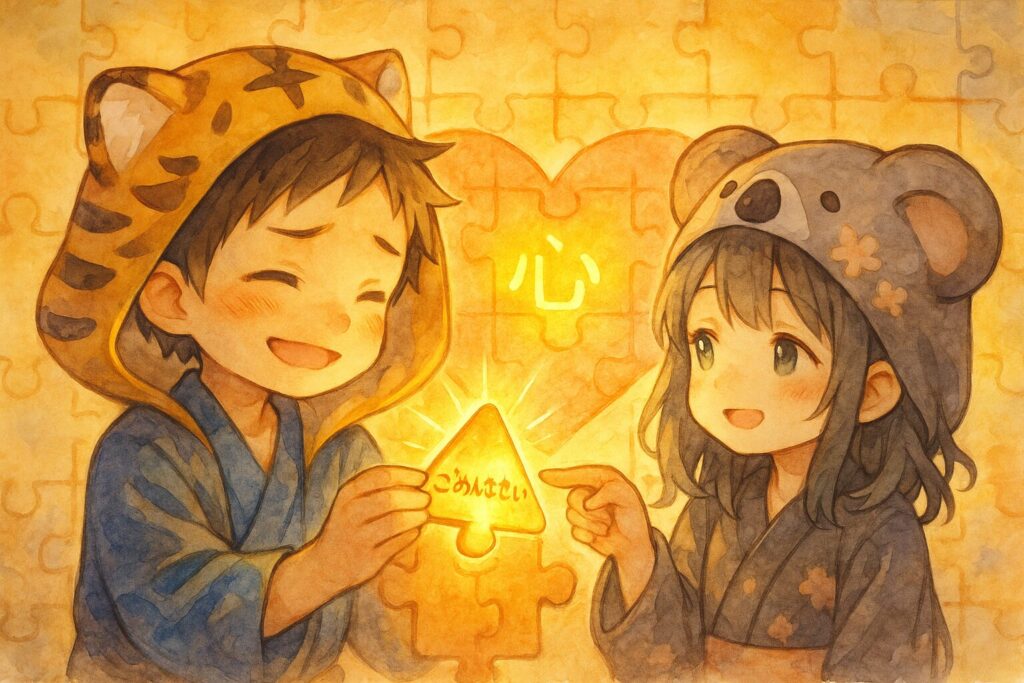 大雅くんが、しょんぼりしている心愛ちゃんとの関係を示す「心」のパズルボードに、形も色もぴったり合った、輝く「ごめんなさいピース」を優しくカチッとはめる。パズル全体が完成し、温かく強い光を放っている。二人はお互いを見て、安心したような、優しい笑顔を浮かべている。背景には完成した美しいパズルが広がっている。
