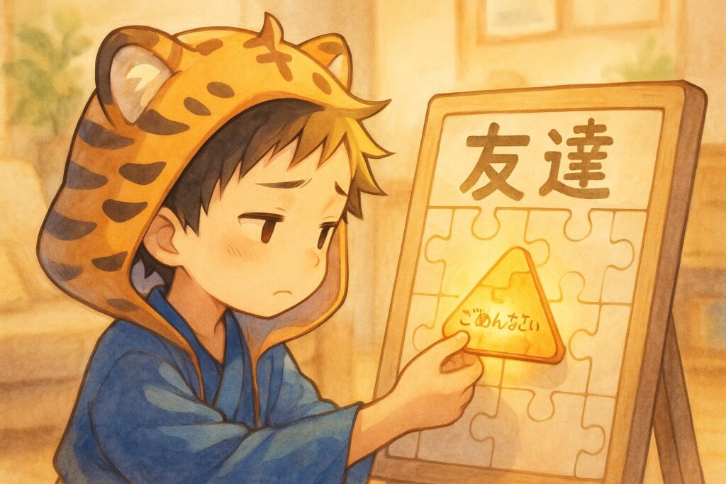 家のリビングのような背景で、大雅くんが友達(または心愛ちゃん)との関係を示す「友達」パズルボードに、三角の「ごめんなさいピース」をはめている。ピースは少し深くまでハマり、温かい光を放っている。