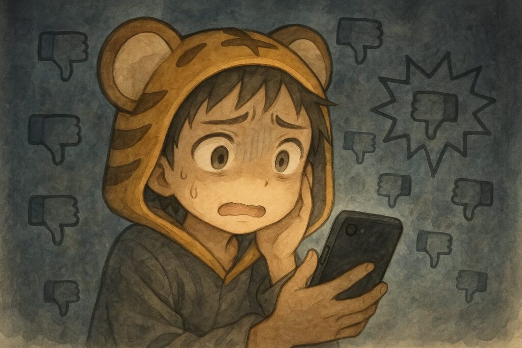 スマートフォン画面に表示されるたくさんの「👎」マークやトゲトゲした吹き出しのコメントアイコンを、怯えたような不安そうな顔で見ている少年(大雅くん)。背景は少し暗く、影が落ちている感じで不安な心理を表現。