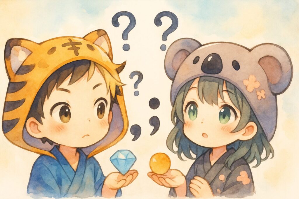 大雅くん(虎フード)と心愛ちゃん(コアラ帽子)が、大きな「?」マークがついた句読点「。」「、」を不思議そうに、でも興味津々に見つめている。「これって、どうして大事なんだろう?」と考えているような表情。