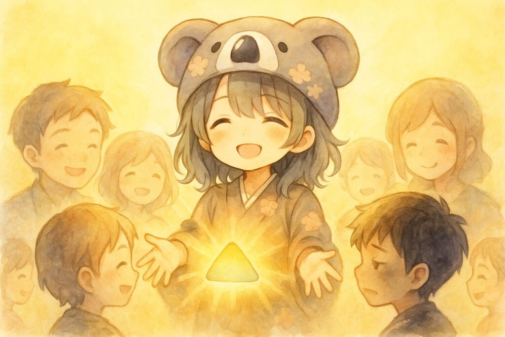 心愛ちゃん(ギバー)が、大勢の人々を温かい光で照らしている。以前は影があった場所も、光に満たされ、全体が優しい雰囲気に包まれている。
