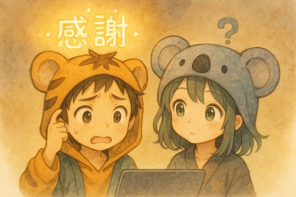 頭の上にキラキラと光る「感謝」という文字(もしくはハートマークなど感謝を象徴するもの)が浮かんでいるのに気づき、少し驚きつつも戸惑った表情をしている少年(大雅くん)。隣で少女(心愛ちゃん、コアラ帽子着用)が「?」と不思議そうに、でも優しく見守っている。