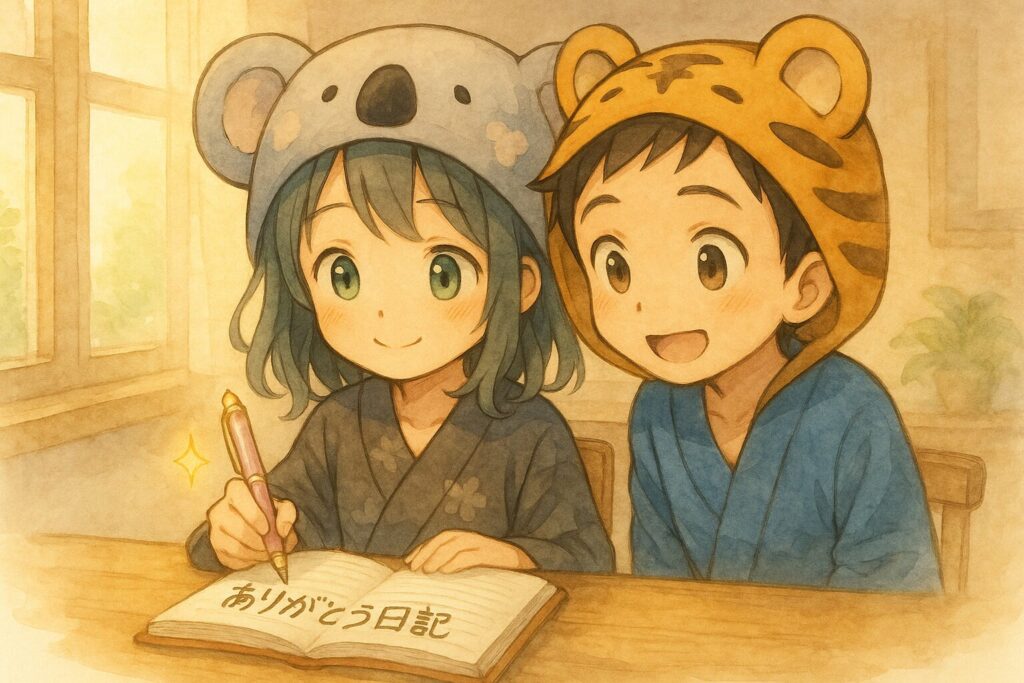 心愛ちゃんがノートにキラキラしたペンで「ありがとう日記」を書いている。窓の外には優しい光。大雅くんが後ろから覗き込んでいる。感謝を記録するイメージ。