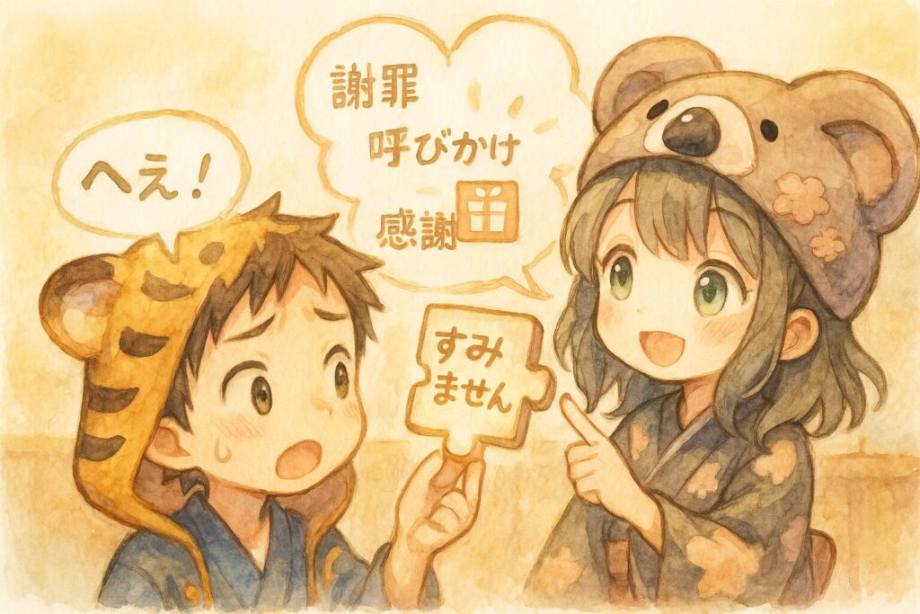 心愛ちゃんが、四角い「すみませんピース」を指差しながら、そのピースが「謝罪」だけでなく「呼びかけ」や「感謝(プレゼント箱の絵柄が描いてあるとか?)」の機能も持っていることを、ニコニコしながら大雅くんに説明している。大雅くんは「へぇ〜!」と感心した顔。