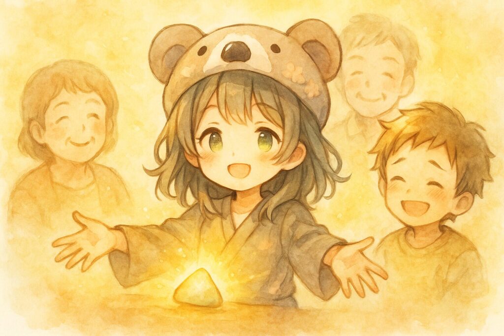 心愛ちゃん(ギバー)が、両手を広げ、周りの人たちに暖かい光を分け与えている。受け取った人たちは笑顔で、嬉しそうな表情をしている。