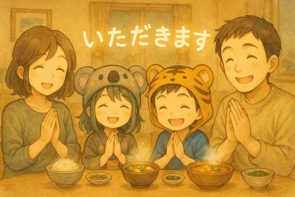温かい雰囲気のリビングで、大雅くんと心愛ちゃん(可能なら両親も)が笑顔で食卓を囲み、「いただきます」をしている様子。食卓には湯気の立つ料理。