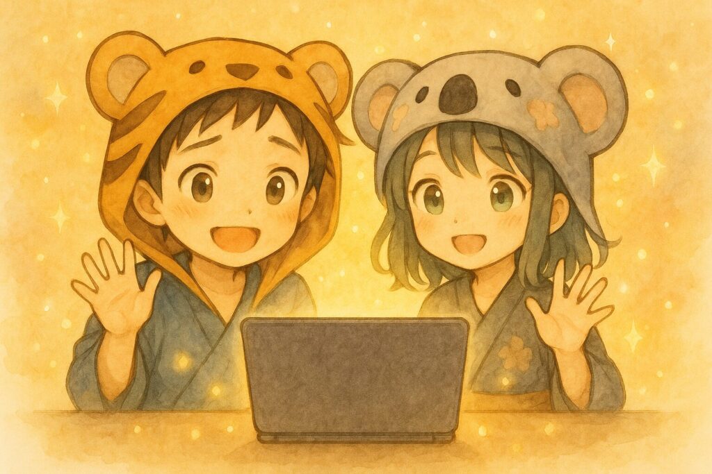 パソコンの画面が温かい光を放っており、その前に座る少年(大雅くん)と少女(心愛ちゃん)が、画面の向こう側(読者をイメージ)に向かって、にっこりと優しく手を振っている。二人の周りにはキラキラとした光の粒子が舞っているような、心温まる雰囲気。