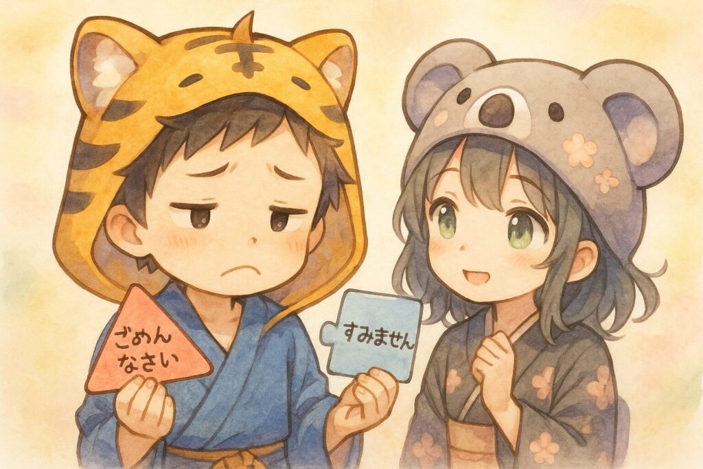 大雅くんが、「ごめんなさい」と書かれた三角のパズルピースと、「すみません」と書かれた四角のパズルピースを両手に持って、困った顔で首を傾げている。隣で心愛ちゃんが「どっちかな〜?」という感じで優しく見守っている。