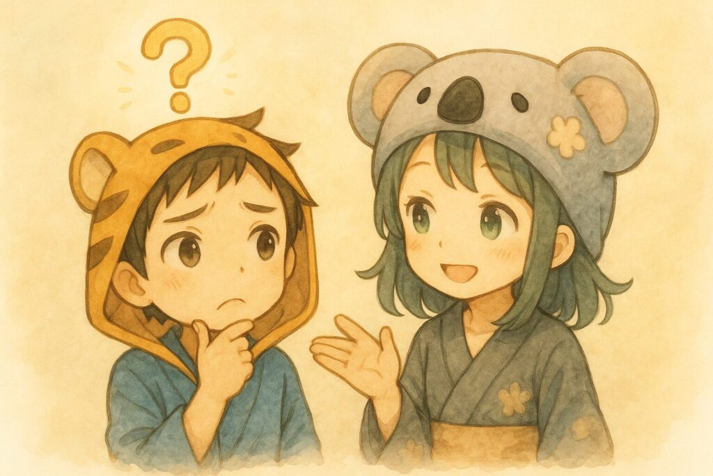 大雅くんが頭に「?」マークを浮かべて「あたりまえって何だろう?」と考えている。隣で心愛ちゃんがニコニコしながら「ありがとうのことかな?」とヒントを出しているような、テーマ導入のイメージ。