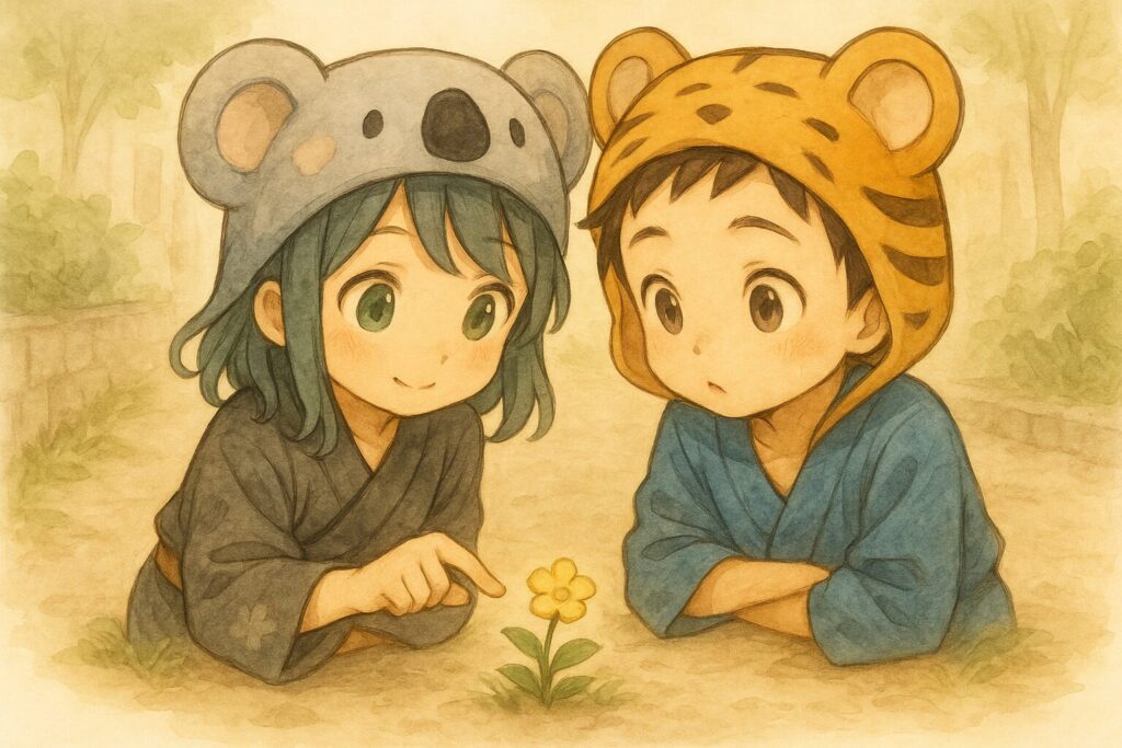 道端に咲いている小さな黄色い花に、心愛ちゃんが優しく指で触れようとしている。大雅くんも隣で興味深そうに覗き込んでいる。日常の小さな美しさに気づくイメージ。