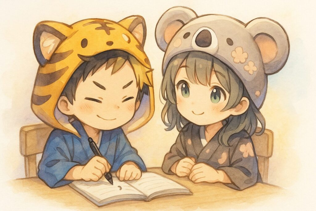 大雅くんと心愛ちゃんが、机に向かってノートに文章を書いている。大雅くんが「よし、ここに『、』を打つぞ!」とペンを構え、心愛ちゃんが隣で「うんうん、その調子!」みたいに優しく見守っている、練習風景のようなイラスト。