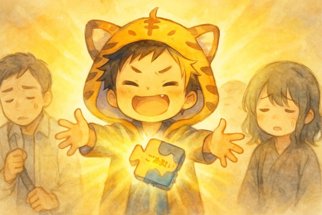 大雅くん(テイカー)が、両手を広げ、周りの人たちの光を吸い込もうとしている。周りの人たちは少し疲れたような表情をしている。