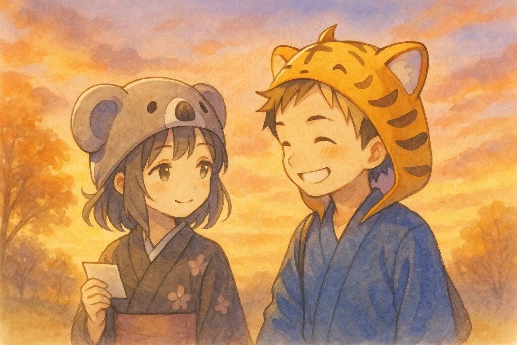 夕焼けの中、並んで穏やかに笑いながら歩く大雅と心愛。心愛の指には、大雅からもらった手紙が大切そうに挟まれている。