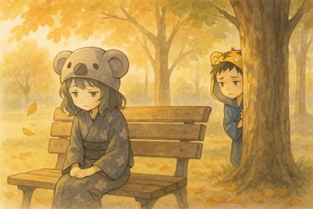 公園のベンチで少し落ち込んでいる心愛と、少し離れた場所から心配そうに彼女を見つめる大雅。二人の間には少し距離がある。