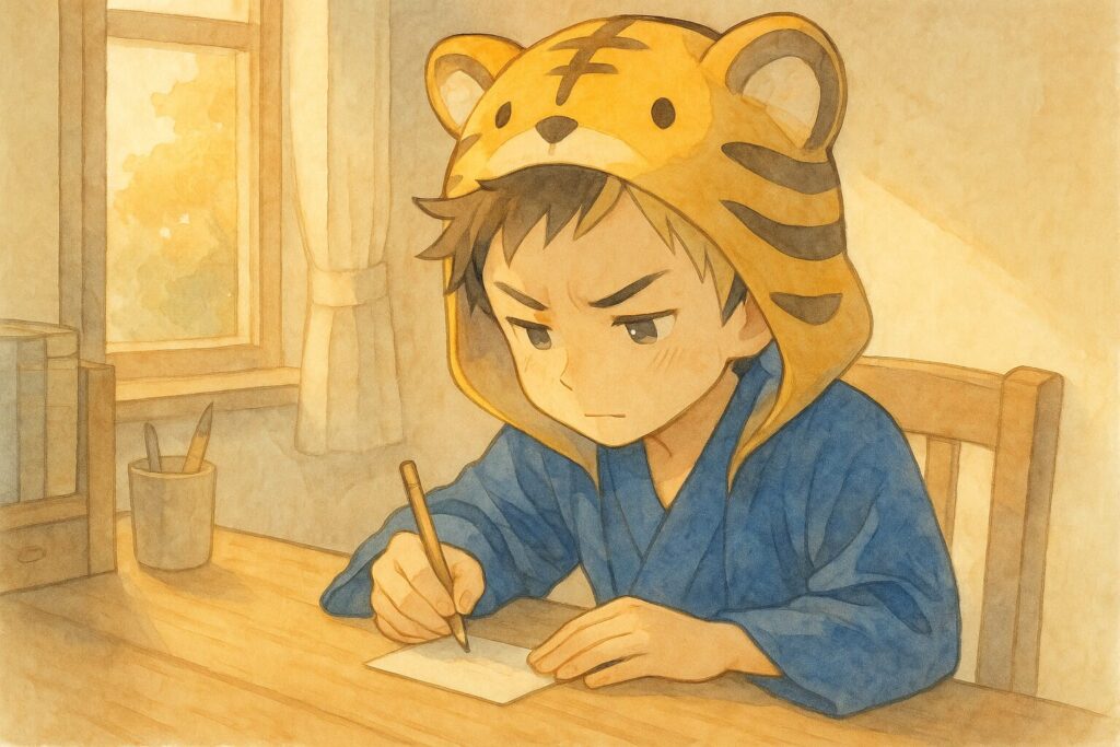 自分の部屋の机で、真剣な表情で小さなカードに何かを書いている大雅。窓から優しい光が差し込んでいる。