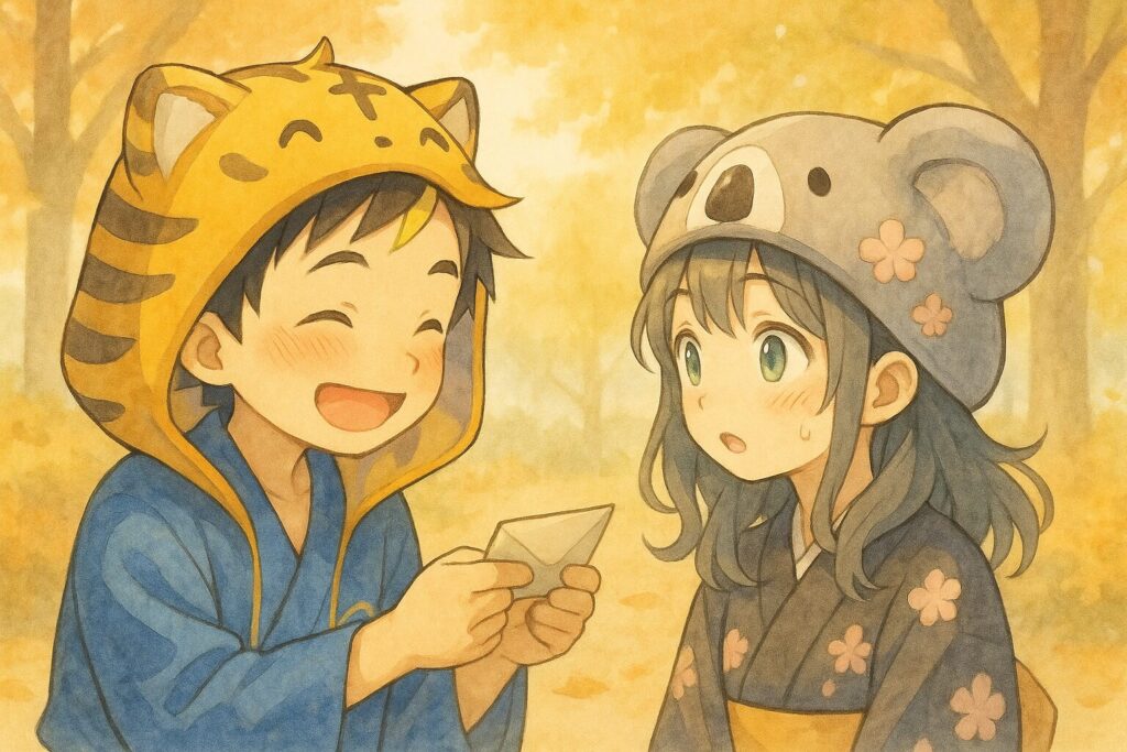 大雅が、少し照れくさそうに、でも優しい笑顔で心愛に小さな手紙を差し出している。心愛は少し驚いた表情。