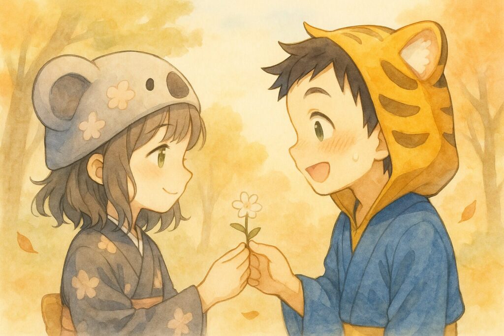今度は心愛が、帰り道で買ったであろう小さな花を一本、「これ、どうぞ」というように大雅に渡している。感謝の連鎖を表現。