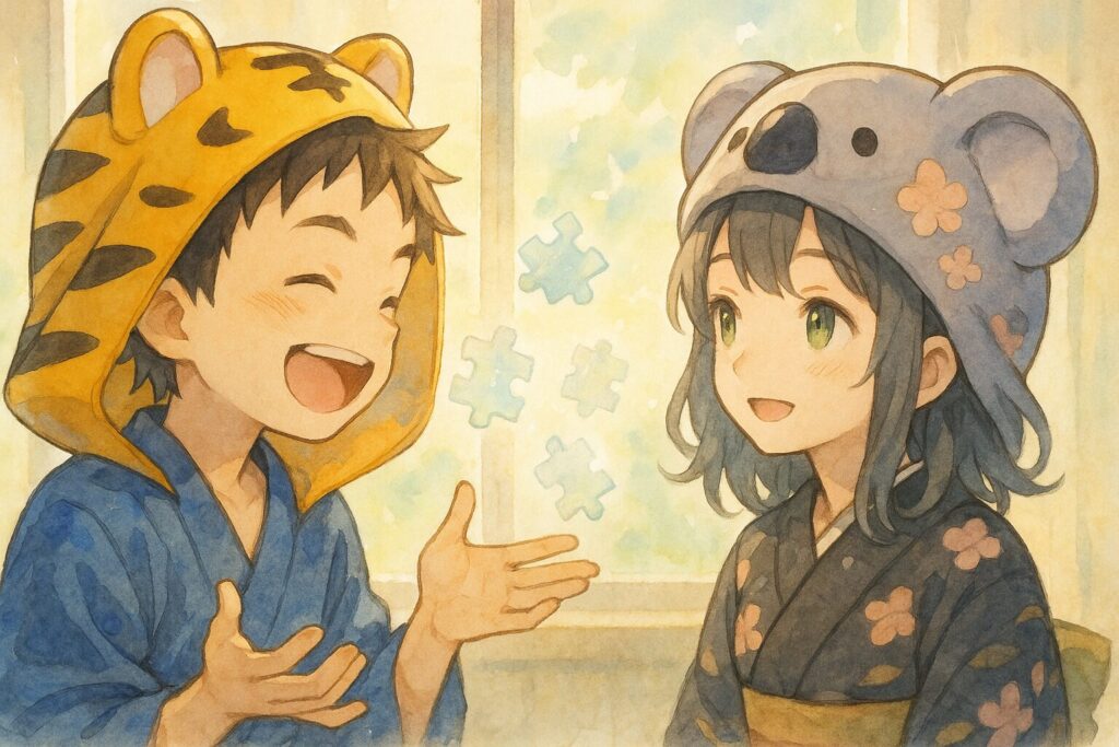 明るい日差しの中、大雅くんと心愛ちゃんが楽しそうに何かについて話し合っている横顔。二人の間には、まだ形になっていない透明なパズルのピースがいくつか浮かんでいるようなイメージ。希望と期待感。