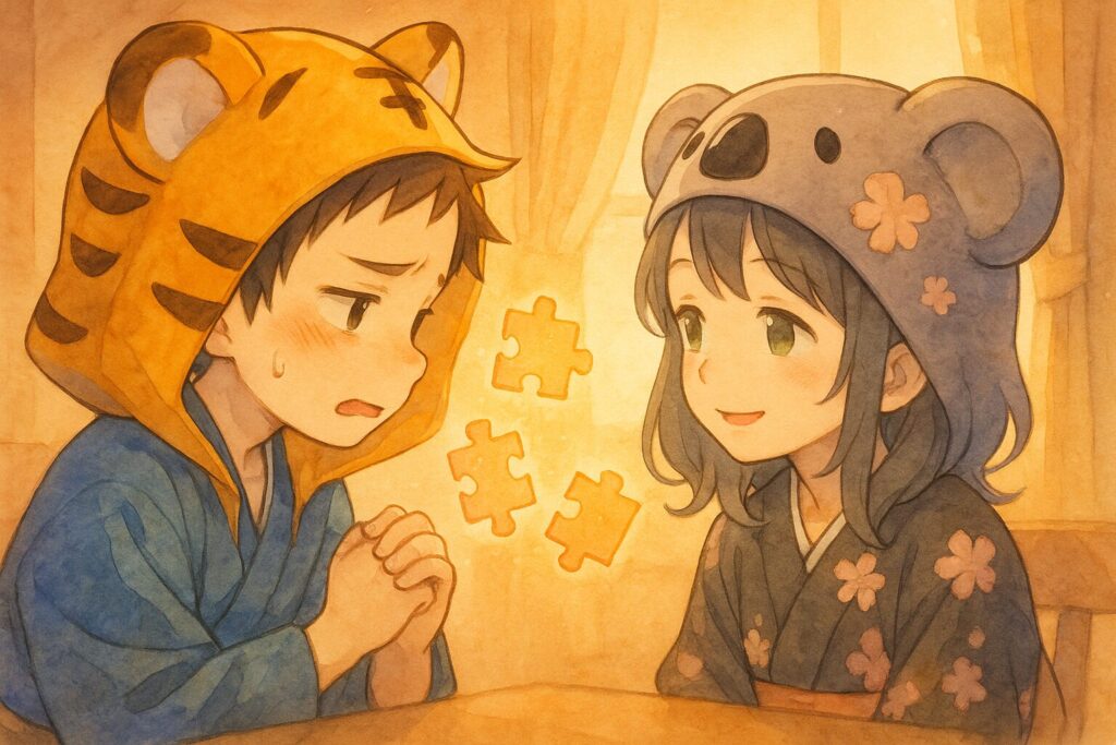 温かい色の光が差し込む部屋で、大雅くんが少し不安そうな顔で心愛ちゃんに相談を持ちかけている。心愛ちゃんは優しい笑顔で大雅くんの方を向き、話を聞こうとしている。二人の間に浮かぶパズルのピースが、少しだけ輪郭を帯び始める。