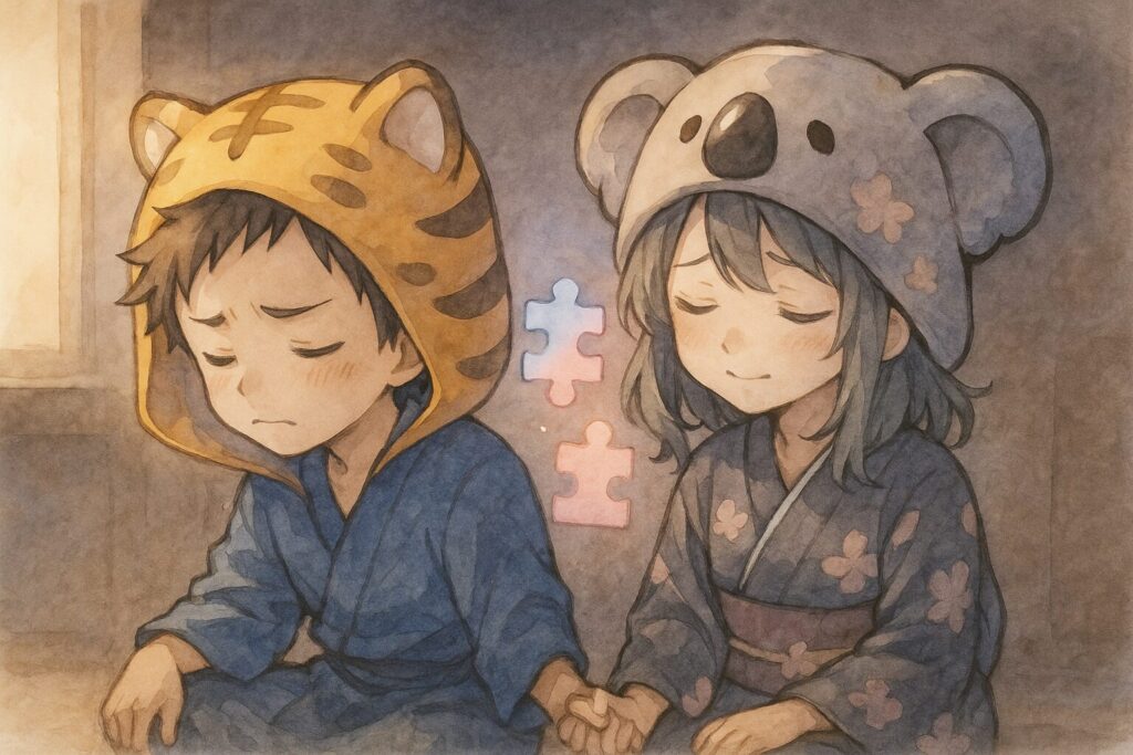 少し薄暗い背景の中、大雅くんと心愛ちゃんが背中合わせで座り込んでいるが、お互いに励まし合うように、そっと手を取り合っている。二人の間に浮かぶパズルのピースは、さらに色がつき、形がはっきりしてくる。