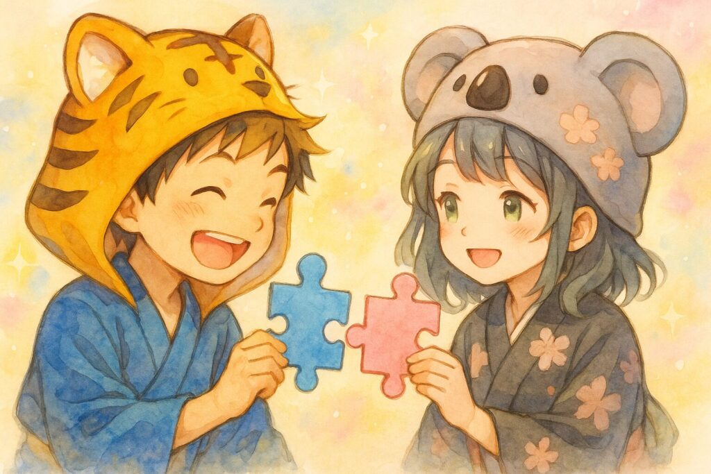 大雅くんと心愛ちゃんが、それぞれ違う色のパズルのピースを持ち寄り、一つの大きな絵を完成させようとしている協力的なシーン。楽しそうな表情で、顔を見合わせている。背景は明るく、達成感が感じられる雰囲気。