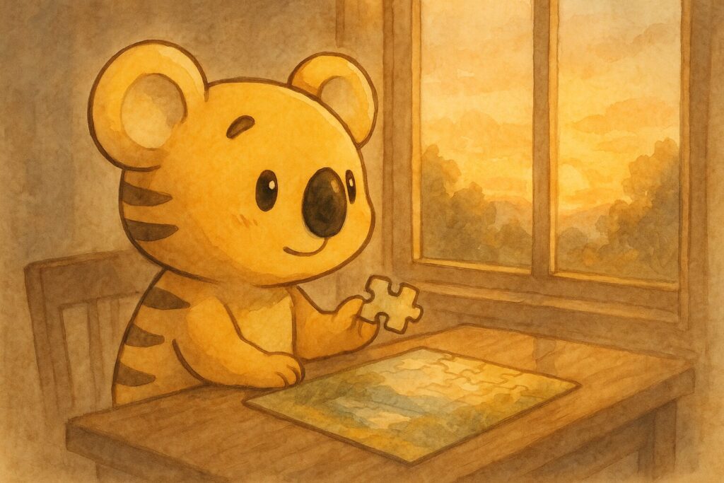 秋色が一人、少し考え込むような、でも優しい眼差しで遠くを見つめている。背景は少し落ち着いたトーンで、内省を促すような雰囲気。手元には、完成間近だが一つだけピースがうまくはまらないパズルがある。