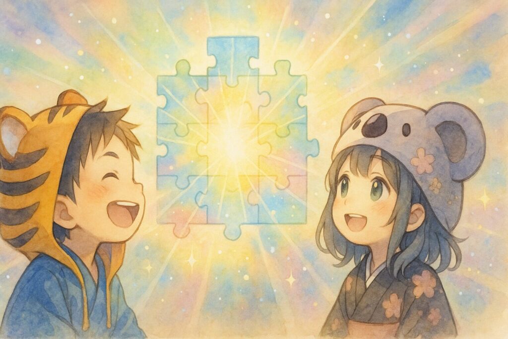これまで登場したパズルのピースが組み合わさり、輝く美しい「洗濯された心」や「未来への道」を象徴するような抽象的でキラキラした一枚の絵になっている。その絵を、笑顔の大雅くんと心愛ちゃんが一緒に嬉しそうに眺めている。背景は明るく、希望に満ちた光が降り注いでいる。