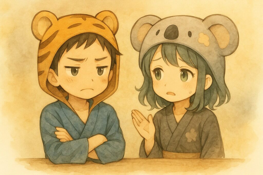 大雅くんが少し不満そうな顔で腕組みをしている。心愛ちゃんが隣で「慣れちゃうとね…」と困った顔でなだめているような、注意点を促すイメージ。