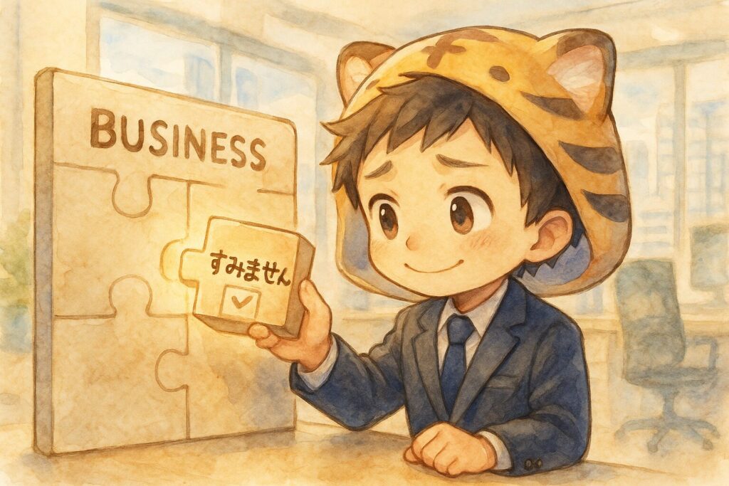 スーツ姿の大雅くんが、会社のオフィスのような背景で、「ビジネス」と書かれたパズルボードの空いたスペースに、四角い「すみませんピース」をカチッとはめている。ぴったりハマって満足そうな表情。