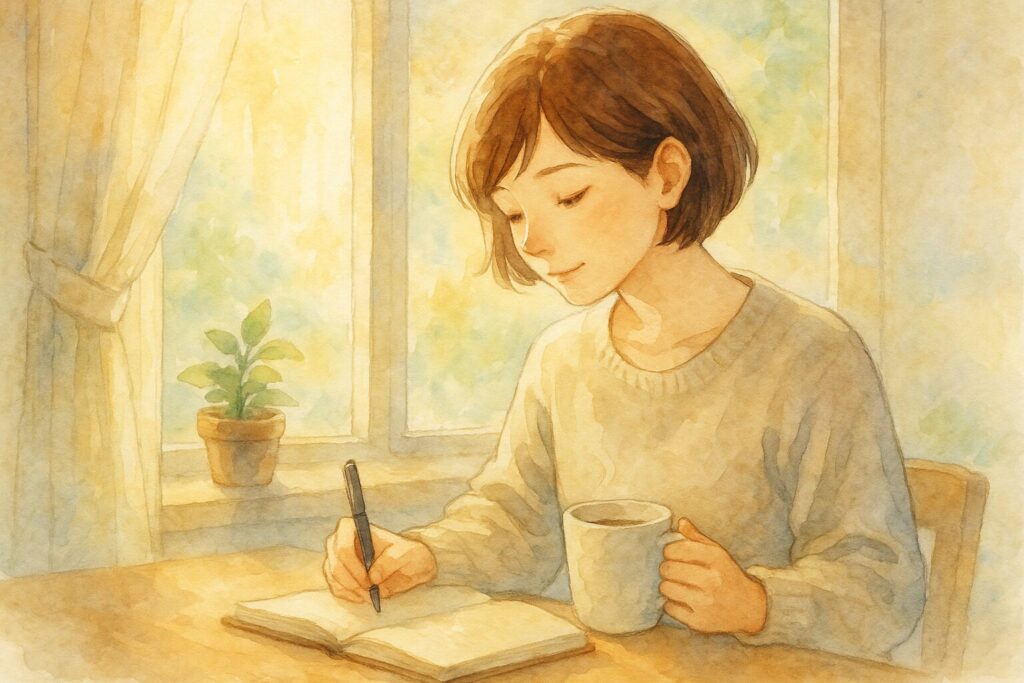 朝の光が差し込む窓辺で、女性が感謝日記を静かに書いている様子。心を整える“はじまりのひととき”を描いています。