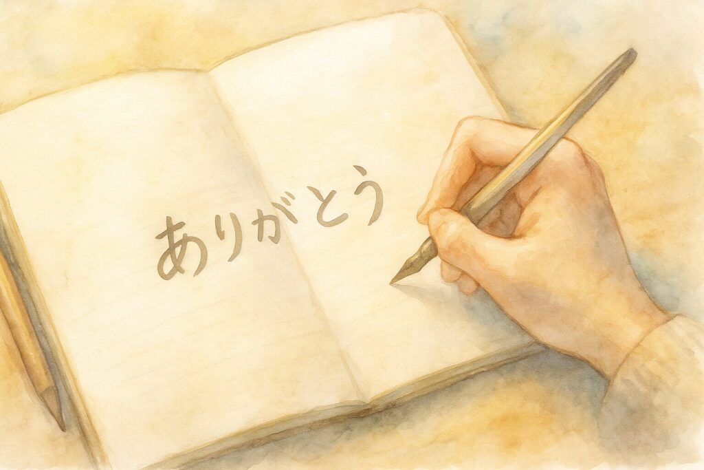 ノートに『ありがとう』と書かれた手元のアップ。日常の中の小さな感謝を“言葉にする”第一歩のシーンです