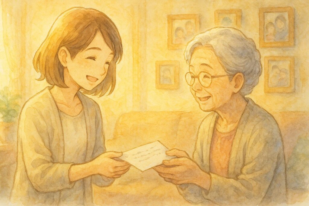 「手書きの手紙を渡す若者と、それを受け取るおばあさん。言葉を超えた“ぬくもり”の循環が感じられるシーンです。
