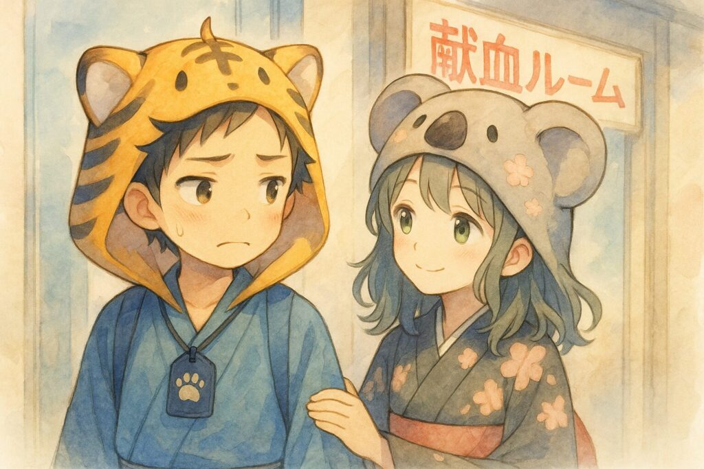 献血ルームの前で立ち止まる大雅と心愛。首にはお守りがかかっている。初めての献血に少し不安な表情の大雅と、そばで見守る心愛。
