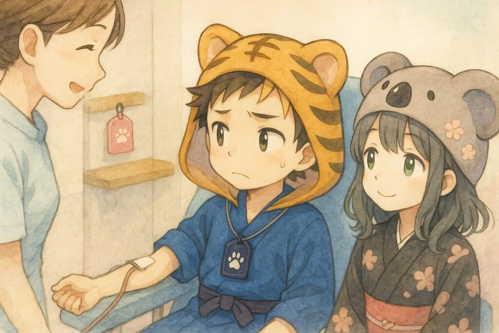 "献血中の大雅が、看護師の近くに飾られたお守りに気づいて目を見開く。隣で心愛が見守っている。
