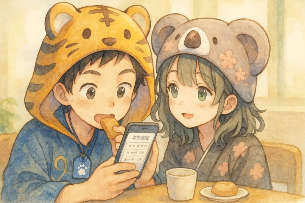 大雅と心愛がソファに並んで座って、お菓子を食べながらほっと一息ついている様子。
心愛は「どう?いけたでしょ?」と微笑み、大雅はちょっと照れながら笑顔。