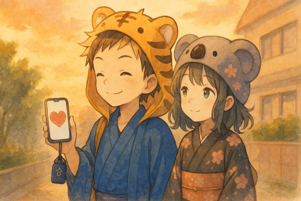 夕焼けの帰り道を歩く大雅と心愛。大雅の手には献血アプリのステッカー画面と、お守りが一緒に映っている。