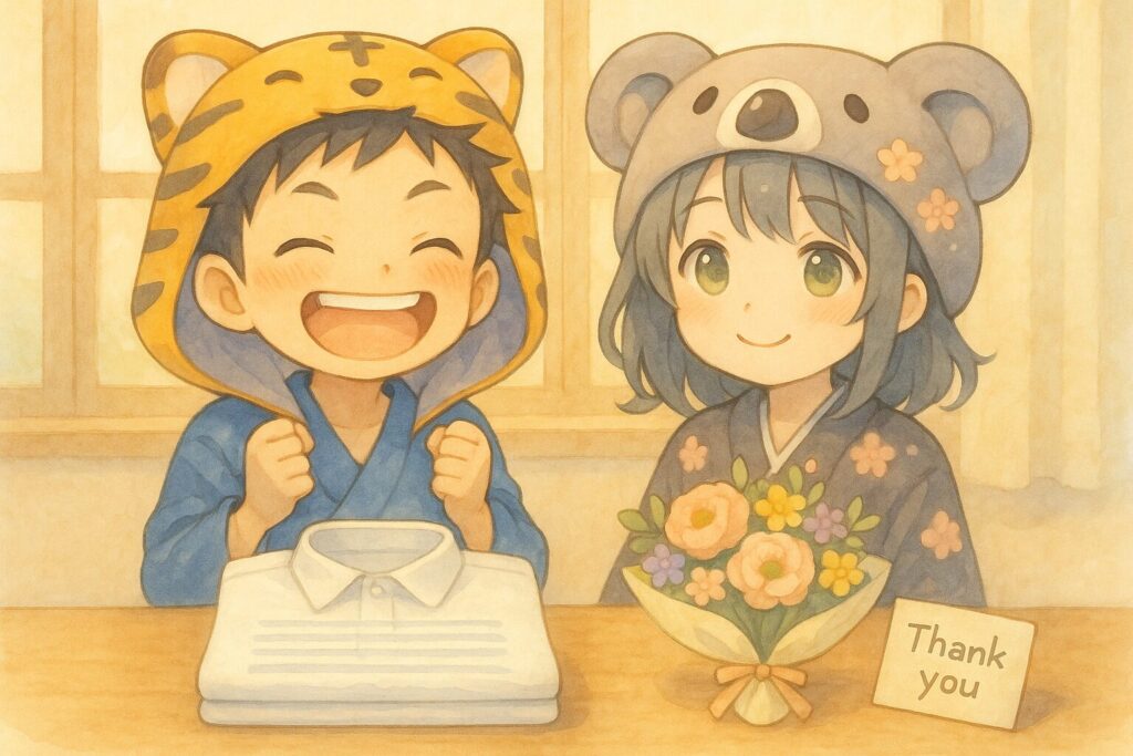 きれいに畳まれた白シャツの横に、花束と『ありがとう』のメッセージカード。微笑む心愛と大雅。