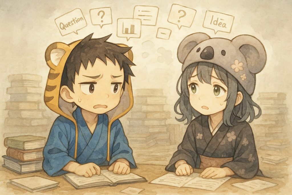 大雅くんと心愛ちゃんが、たくさんの本や資料に囲まれて座っている様子。二人の頭上には、整理されていない知識の断片やキーワードがフワフワと浮かんでいるイメージ。大雅くんは困ったような、心愛ちゃんは少しもやもやしたような表情で、互いに顔を見合わせたり、散らばった知識を見上げたりしています。背景には積み上げられた本や開かれた資料が散乱しており、インプット過多で情報が整理できていない混乱した空気感を表現します。光は少し曇りがかったような、落ち着いたトーンで。