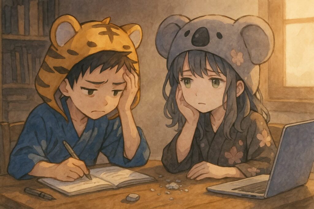 大雅くんと心愛ちゃんが、何かに行き詰まって悩んでいる様子。書きかけのノートやPC画面を前に、頭を抱えたり、遠くを見つめたり、消しゴムのカスが散らばっていたり。表情は少し疲れていたり、困っていたり。全体的に少し影のある、あるいは夕暮れのような落ち着いた光の中で、アウトプットの難しさや試行錯誤している空気感を表現します。二人の間に、見えない壁やプレッシャーのようなものが感じられる構図も良いかもしれません。