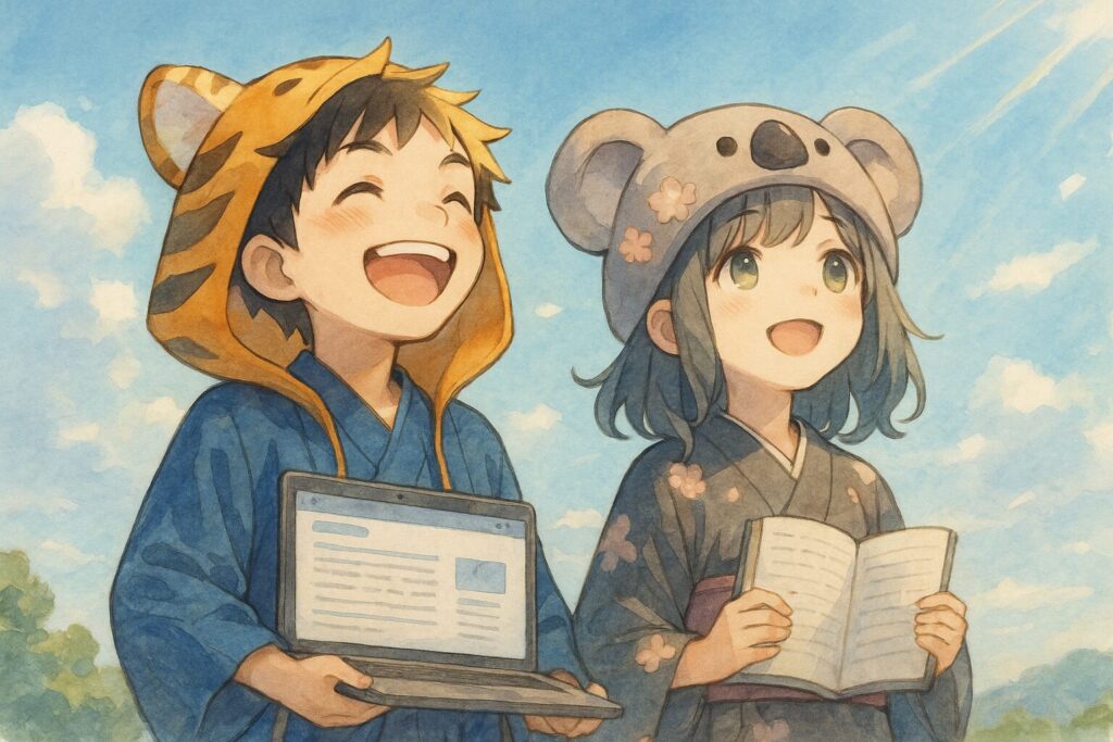 大雅くんと心愛ちゃんが、明るい光の中に立って、晴れやかな表情で上を見上げている全身像。アウトプットを通して成長し、自信を持って未来へ向かう解放感や希望を表現。背景には青空や、遠くまで見渡せるような開けた空間が広がり、二人の成長を象徴的に描きます。手元や背景には、完成したブログ記事が映し出されたPC、きれいにまとめられたノートなどが、達成感とともに配置されています。画像案5の悩みから解放された、輝くような表情で。