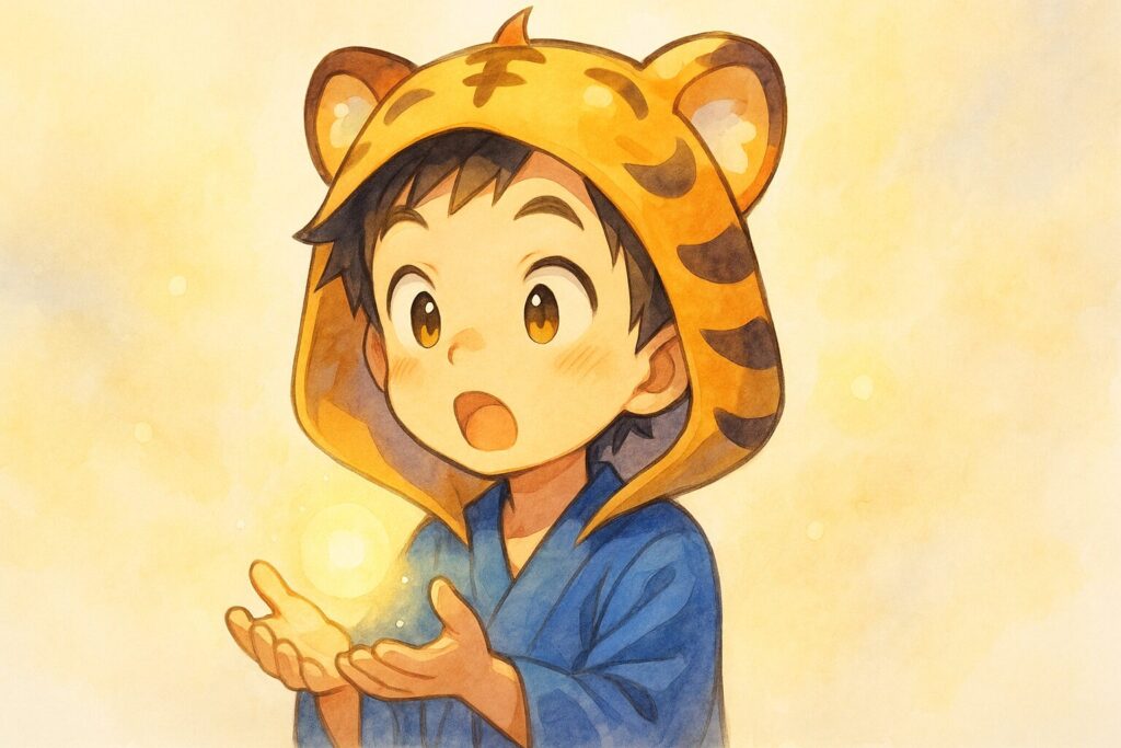 大雅くんが「あっ!」と何かに気づいたような、少し驚いたような、でも前向きな表情。言い淀んでいた口元から、ふっと明るい「光の玉」が生まれようとしている(または、感謝の言葉と共に光の玉を差し出そうとしている)イメージ。背景はさらに明るくクリアな印象に。