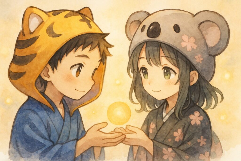 大雅くんと心愛ちゃんが穏やかな表情で向かい合っている。お互いの手のひらから「光の玉」をそっと交換し合っている、もしくは二人で一つの大きな「光の玉」を大切そうに包み込んでいるような構図。言葉はなくても温かい気持ちが通じ合っている様子を、柔らかな光と表情で表現。