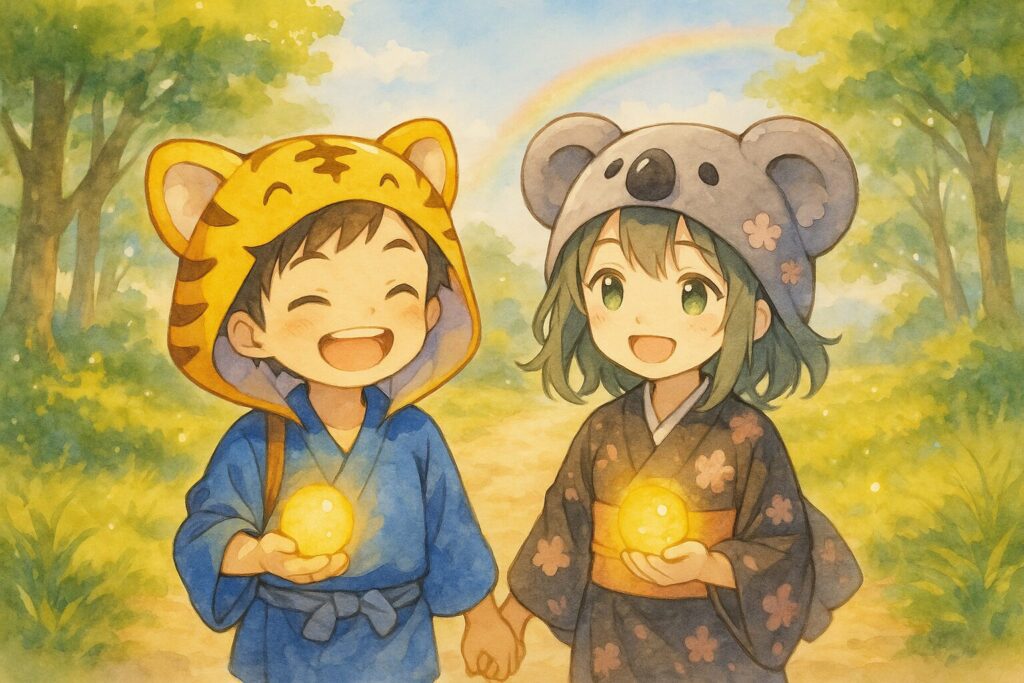 大雅くんと心愛ちゃんが、晴れやかな笑顔で一緒に前を向いて歩いている。二人の手には、それぞれが交換したり育んだりした「光の玉」が優しく輝いていて、それが周囲を明るく照らしている。背景には、大きく育った木々や、遠くに虹がかかるなど、希望に満ちた明るい未来を感じさせる風景。