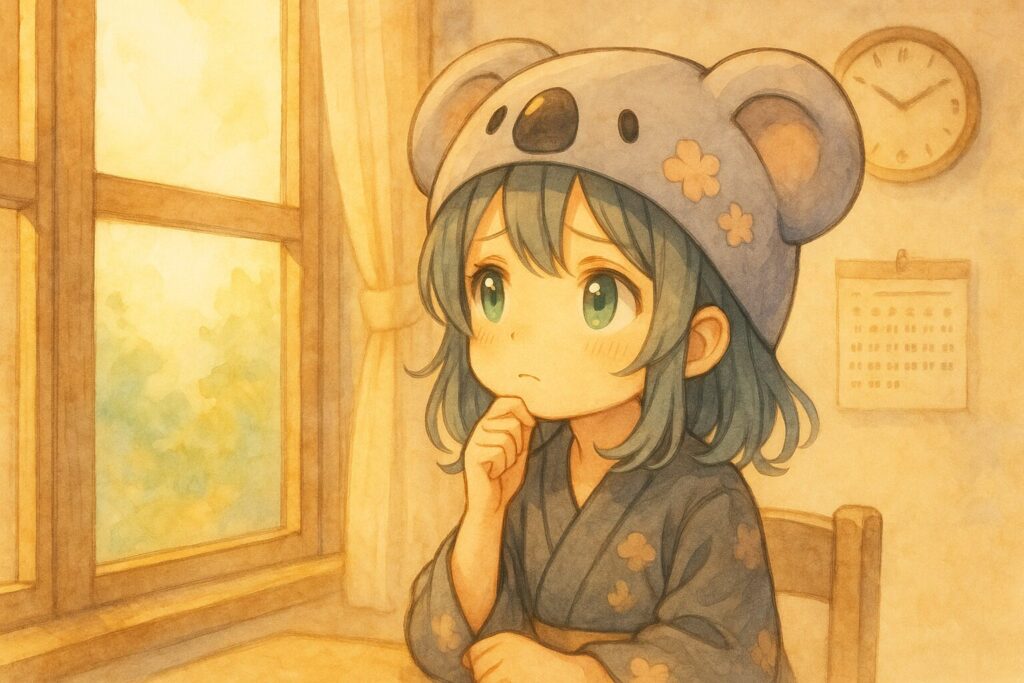 心愛ちゃんが、お願いする相手(姿は見えなくてOK)のことを考えている様子。窓の外を見て「今、忙しいかな?」と考えたり、時計やカレンダーをちらっと見てタイミングを計ったりしている、思慮深い表情。相手への配慮の大切さを伝える。