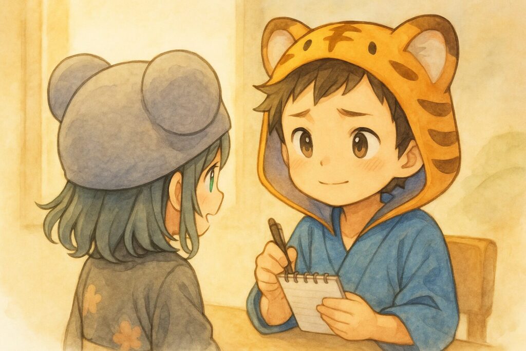 大雅くんが、お願いしてきた相手(心愛ちゃんでもOK)の話を真剣に聞きながら、「うんうん、わかったよ!それで、いつまでにすればいいかな?」と具体的に確認しているようなイラスト。メモ帳を持っているとなお良いかも。丁寧なコミュニケーションの様子を示す。