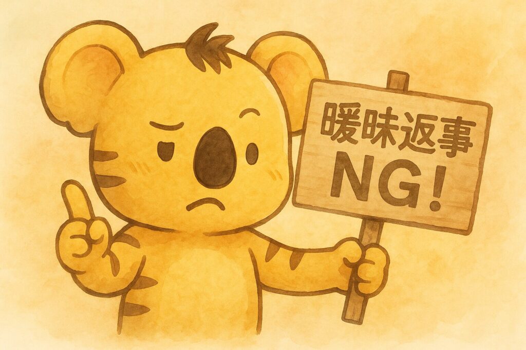 秋色くん(トラ柄コアラ)が「安請け合い注意!」とか「曖昧返事はNG!」と書かれた注意看板を持って、ちょっとおどけた感じで注意喚起しているイラスト。「無理な約束はダメやで〜」というメッセージを伝える。