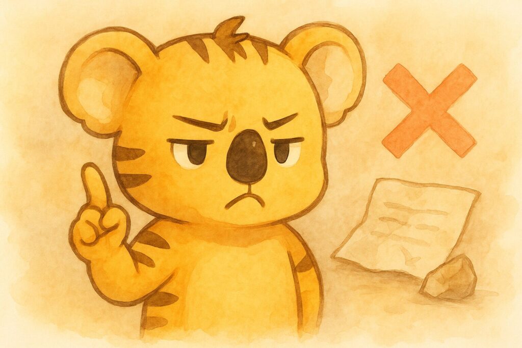 秋色くん(トラ柄コアラ)が、少し厳しい(でもコミカルな)表情で「これはアカン!」と指を立てて注意しているイラスト。「一方的なお願い」とか「配慮不足」を象徴するようなNGマーク(×)などを背景に少し入れてもいいかも。注意点を分かりやすく伝える