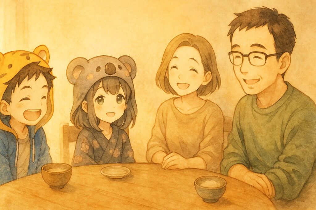 温かい光に包まれた食卓で、家族や友人(アニメ調)が、食後の満たされた穏やかな笑顔で語らっている様子。食事がもたらす幸せや繋がり、感謝の気持ちが循環しているイメージ。