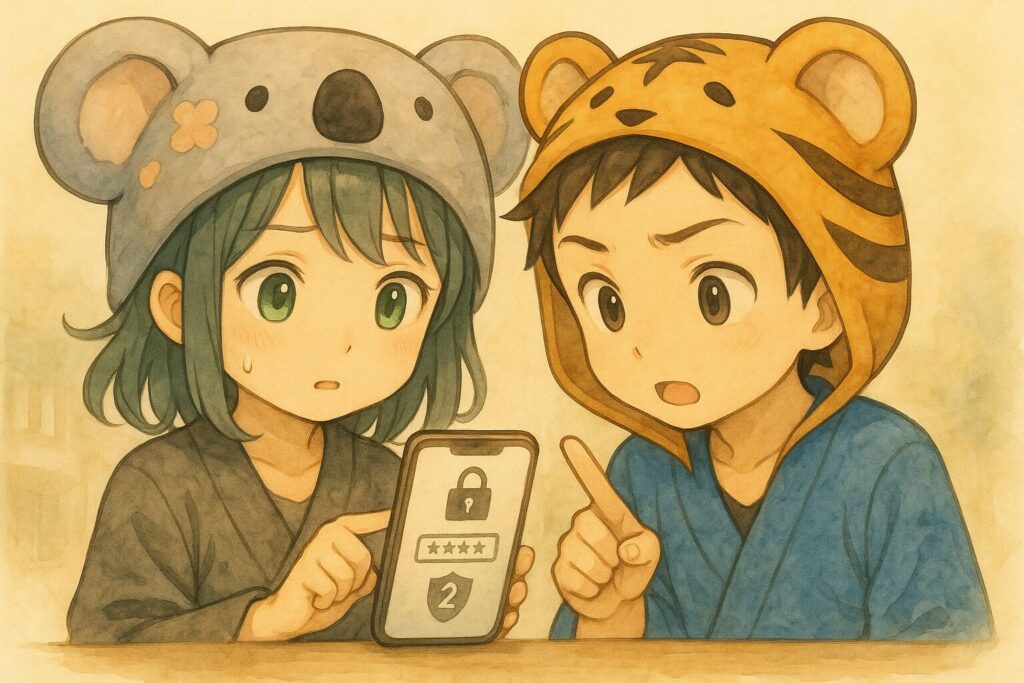 心愛ちゃんがスマホのセキュリティ設定画面(パスワードや二段階認証などを示すアイコン)を真剣な表情で確認している。隣で大雅くんが「うんうん、大事だね」と指差し確認しているようなジェスチャー。安全に使うための注意深さや意識を表現。
