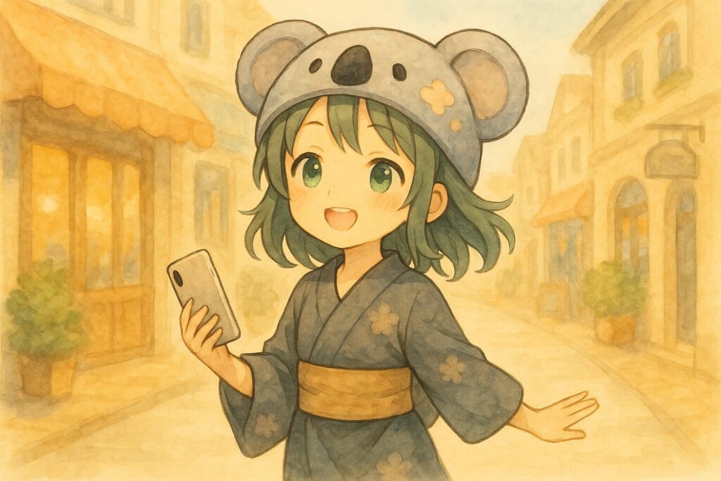 心愛ちゃんがお財布を持たずに、スマホだけ持って軽やかにお散歩(またはショッピング)を楽しんでいる様子。両手が自由で身軽な感じ。背景には、楽しげな街並み。現金不要の手軽さと、それによる解放感を表現。